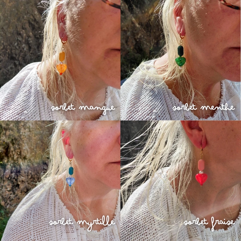 Boucles d’oreilles Sorbet portées en quatre coloris : Fraise, Menthe, Myrtille et Mangue